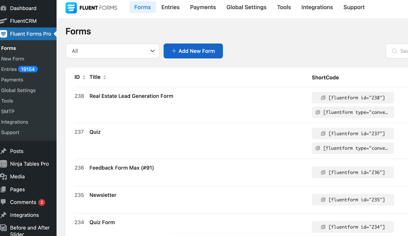 Fluent Forms, dashboard, online forms