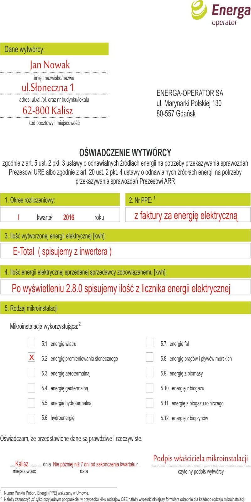 Jak wypełnić formularz Oświadczenie wytwórcy energii w mikroinstalacji PV
