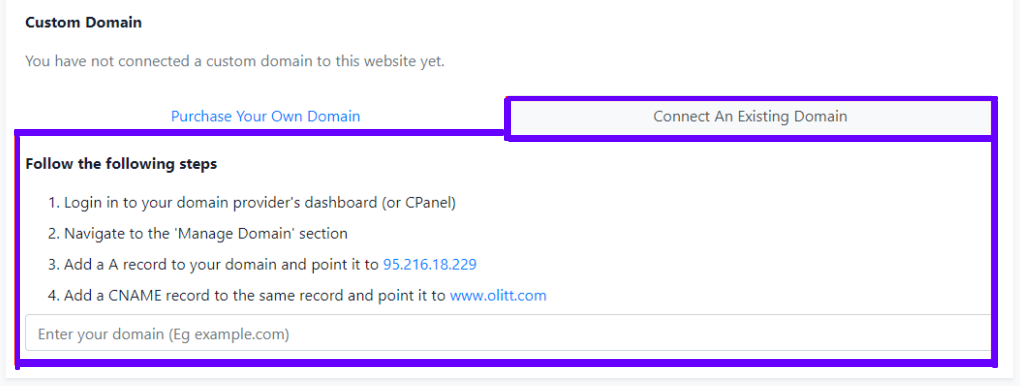 olitt website builder connecting an existing domain procedure