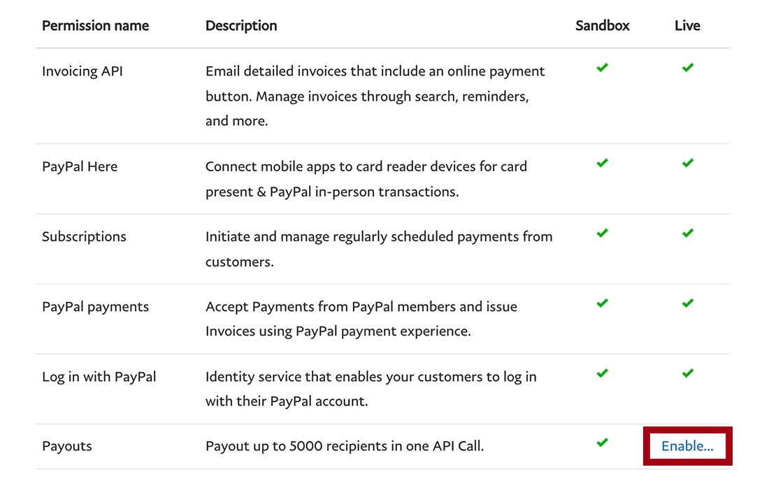 Enable paypal payouts button