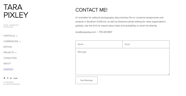 Screenshot of Tara Pixley portfolio website featuring the Contact Me page containing a contact form