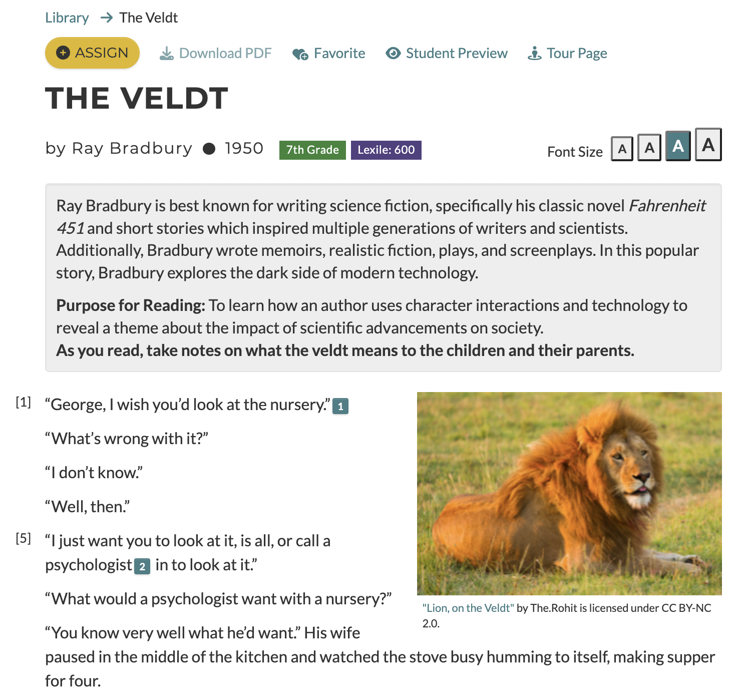 A screenshot of the first few paragraphs of "The Veldt". 