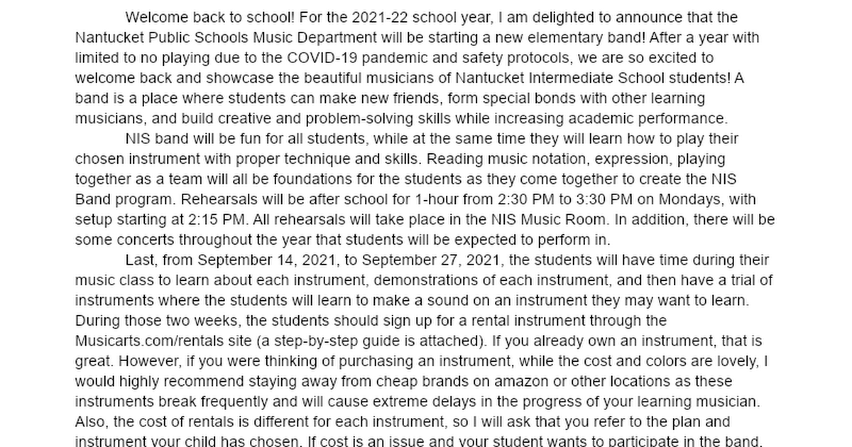 NIS Band Welcome Letter