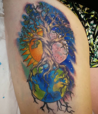 Realistic Sun And Moon With Earth Yggdrasil Tattoo