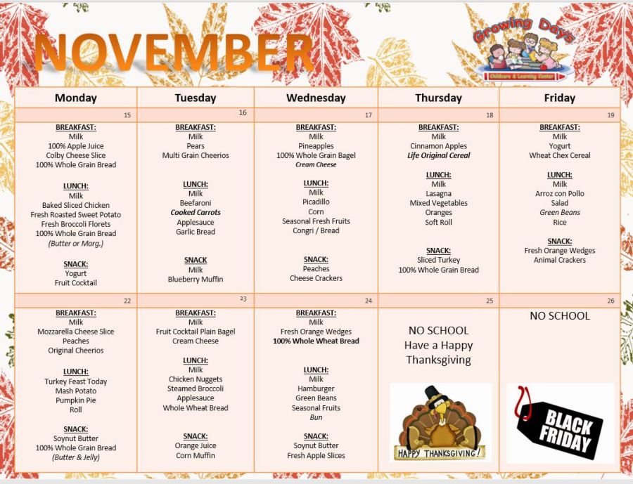 sample November monthly daycare menu