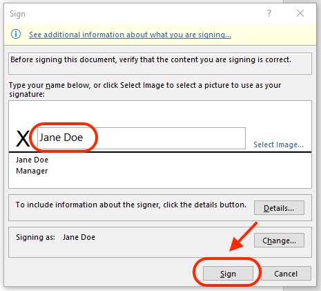 Microsoft Word Signature tool showing a name typed on the signature line.