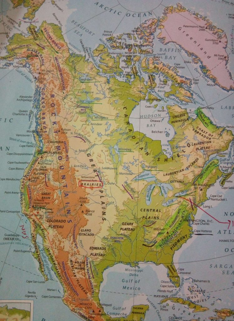 Physical map of United States of America