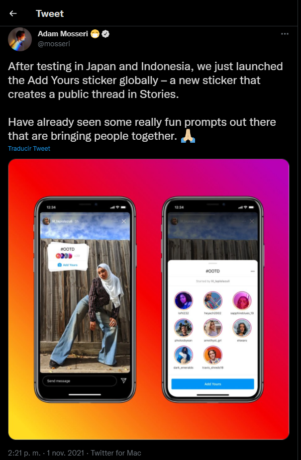 Head of Instagram's tweet about the new Instagram sitcker called Add Yours