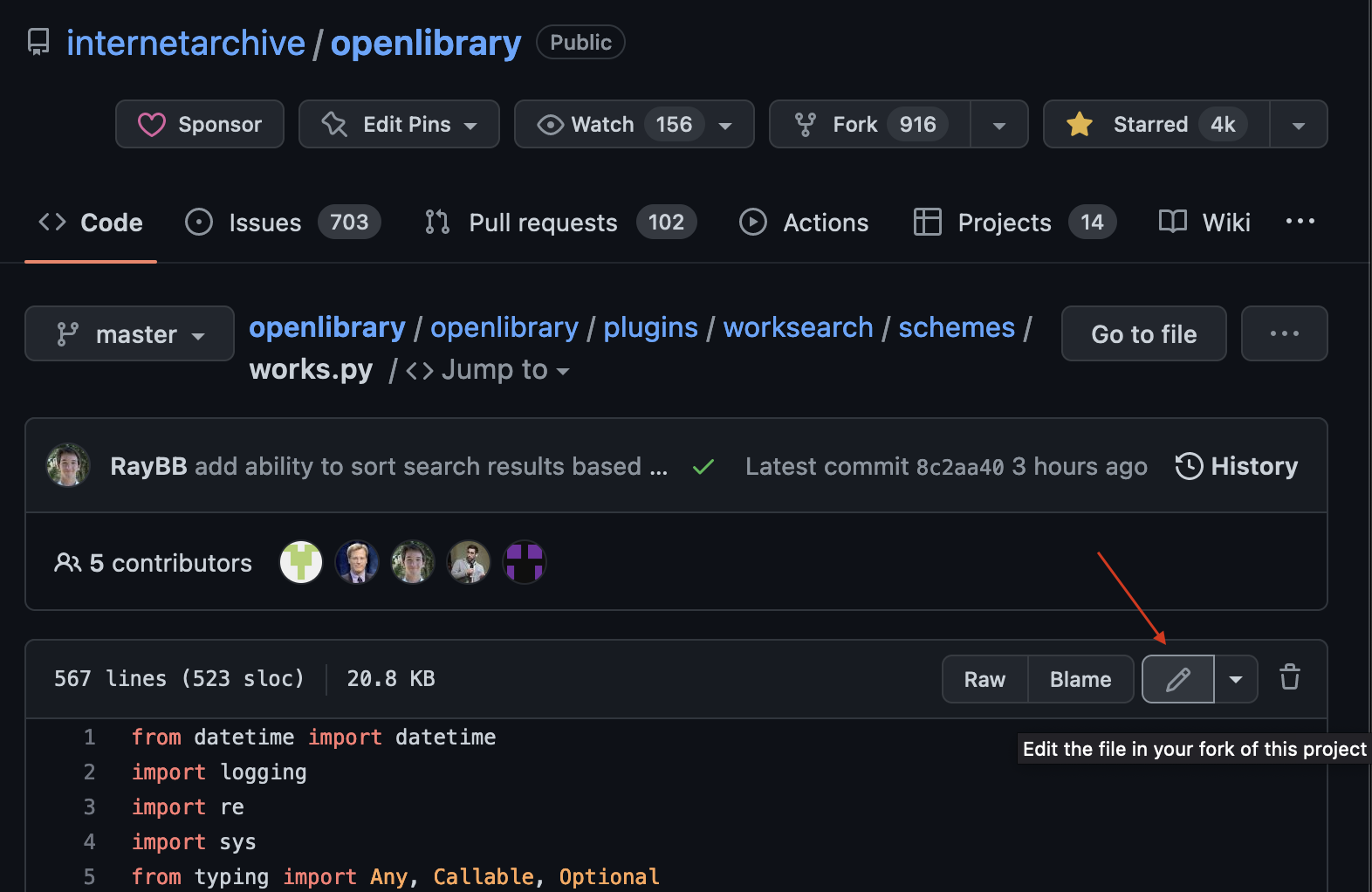 screenshot of GitHub's file browser with an arrow pointing to the edit button.