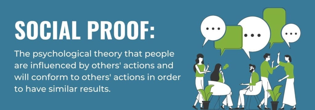 A definition of social proof that states it is a 'psychological theory that people are influenced by others' actions in order to have similar results.'