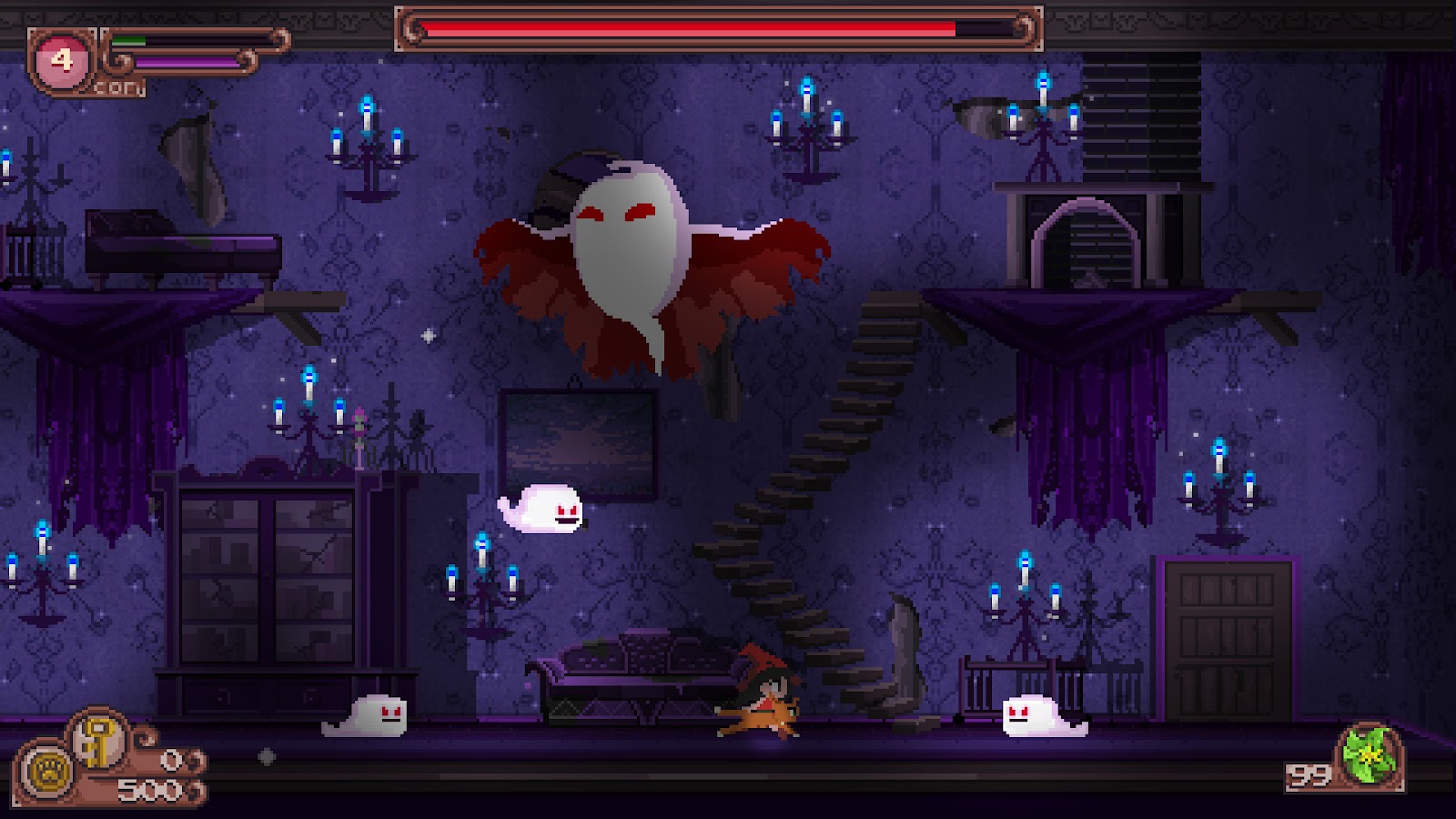 A spooky level shown with ghosts and ominous lighting.