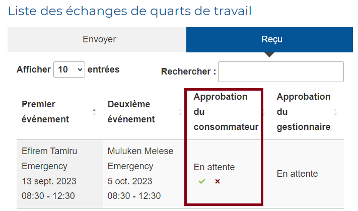 Approbation du consommateur pour un échange de quart de travail