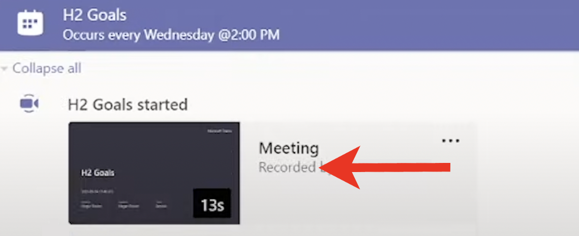 A red arrow points to the meeting in Microsoft Team channel.