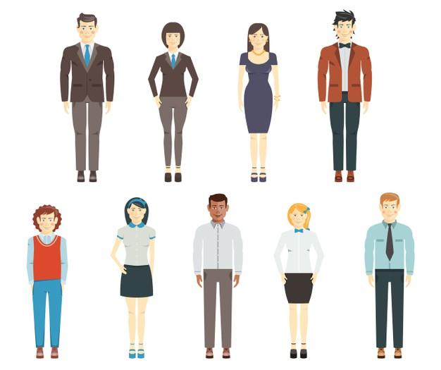 Set of flat human characters  young men and women  members of a group or team of corporate employees  wearing office or formal clothes  in full length  on white Free Vector