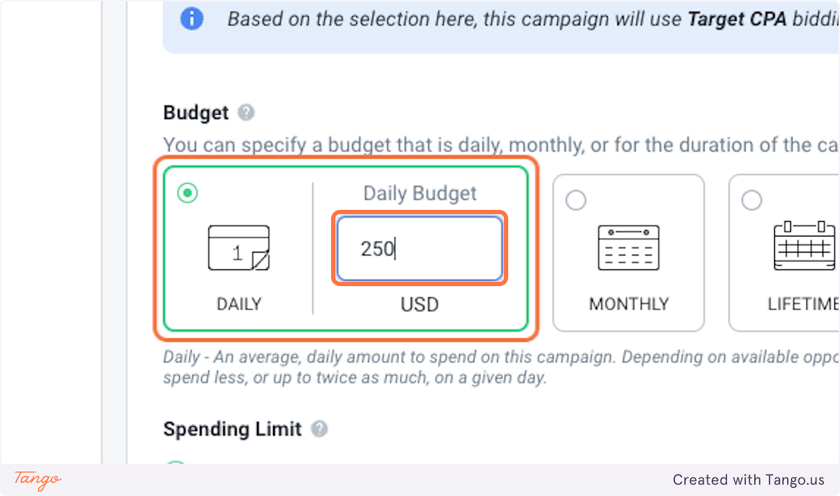 Insert your budget.
Remember to apply a daily budget that is at least 10X your expected CPA goal. For example, if my target CPA is $25, I will put a minimum daily cap of $250