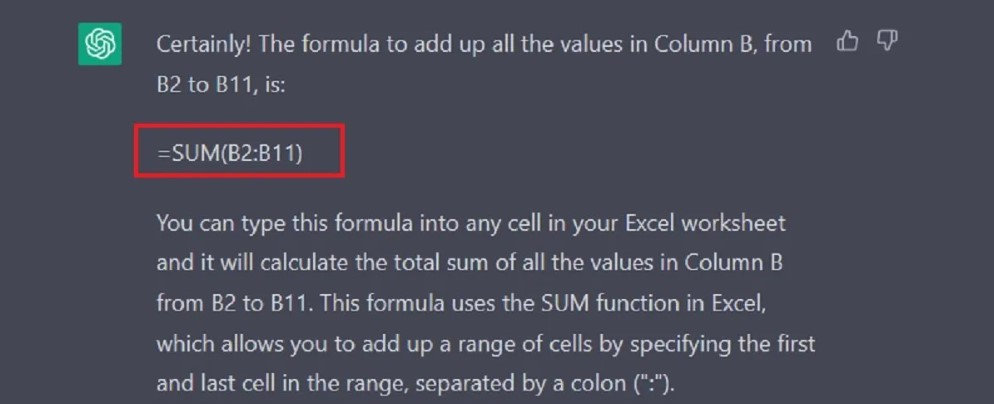 using ChatGPT to write Excel formula for calculating sum of all values in a column