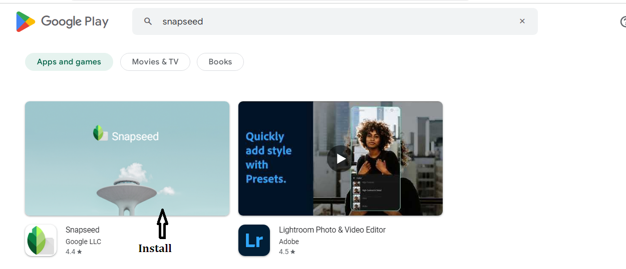 snapseed app search in playstore