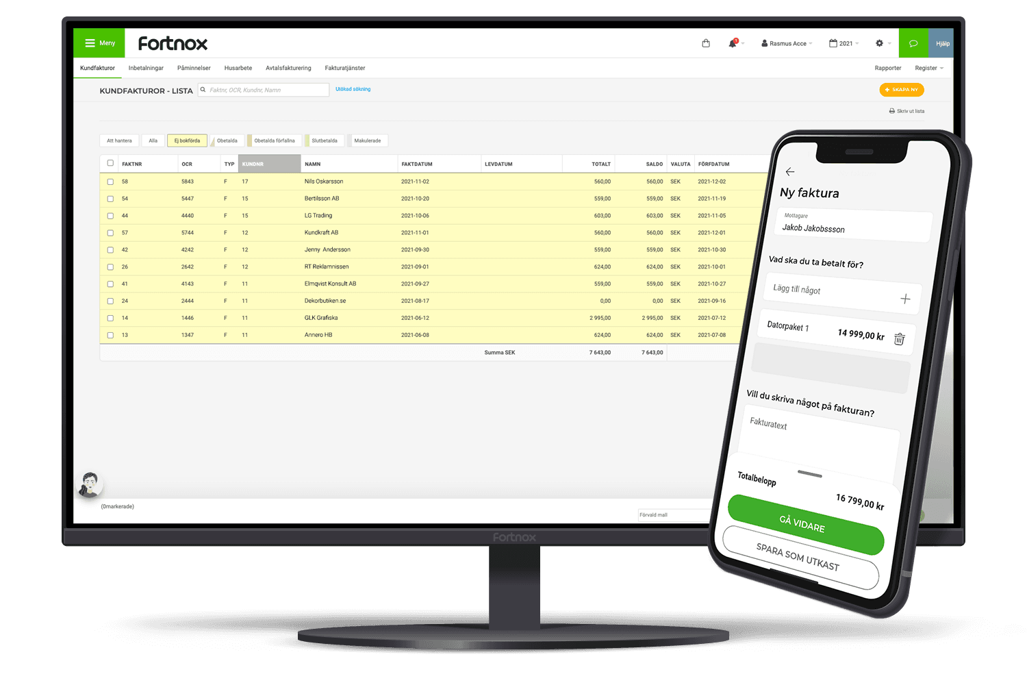 Bild på dator och mobil med Fortnox faktureringsprogram
