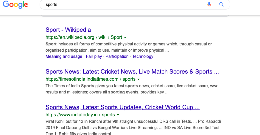 Google showing results of cricket and cricketers when search "sports" is due to LSA algorithm.