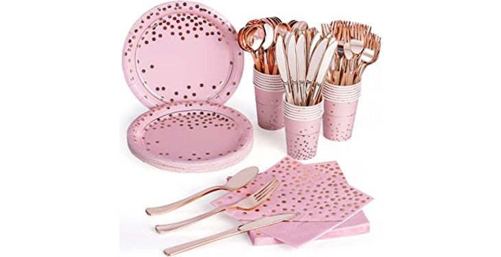 Gold Rose Party Supplies cutlery set with Pink Paper Plates Napkins Cups