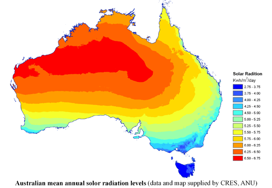 Australia mean annual solar radiation levels