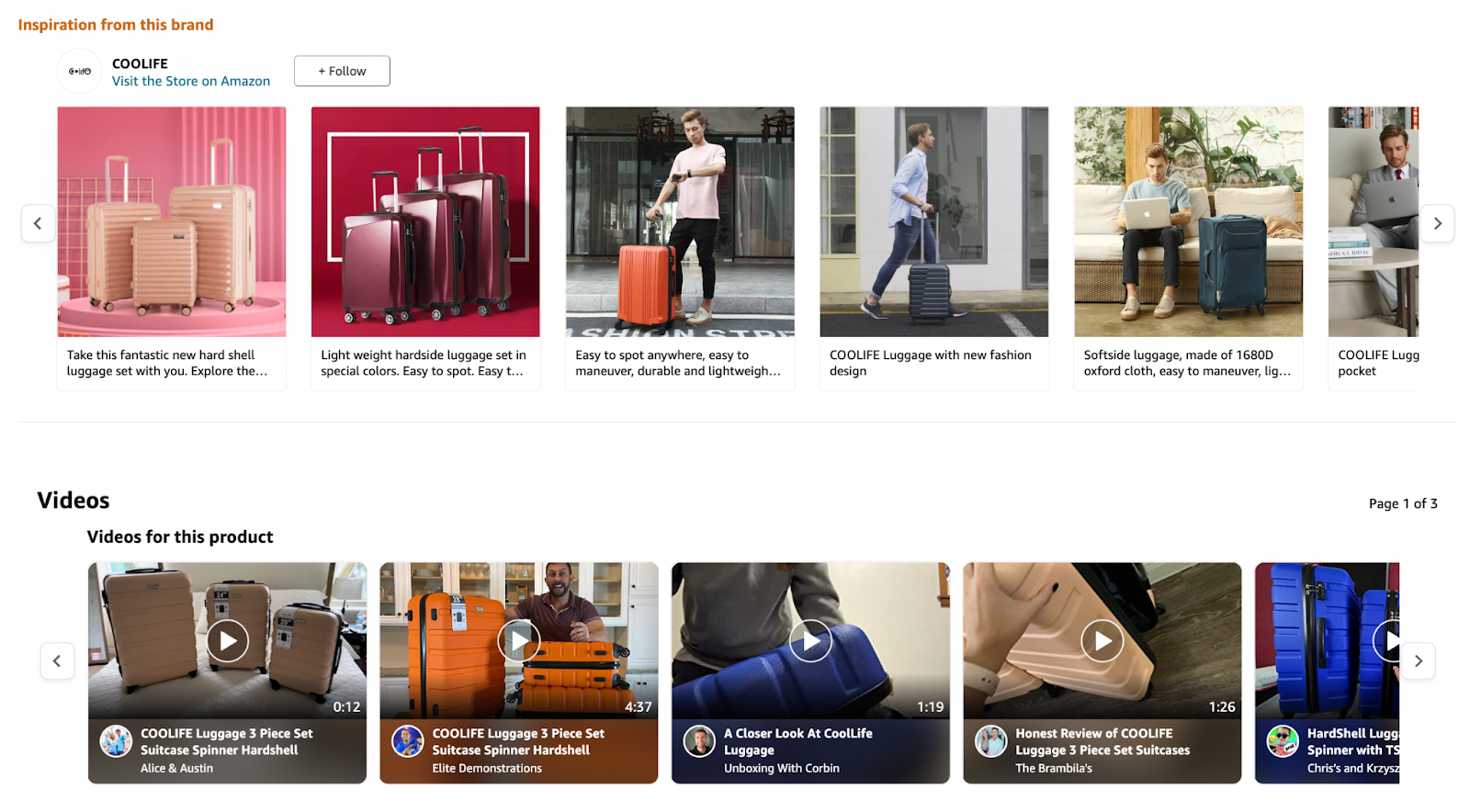 COOLIFE screenshot on amazon product page examples showing hardshell suitcases from users