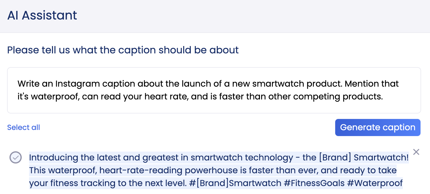 vista social ai assistant repsonding to prompt for: Write an Instagram caption about the launch of a new smartwatch product. Mention that it's waterproof, can read your heart rate, and is faster than other competing products.