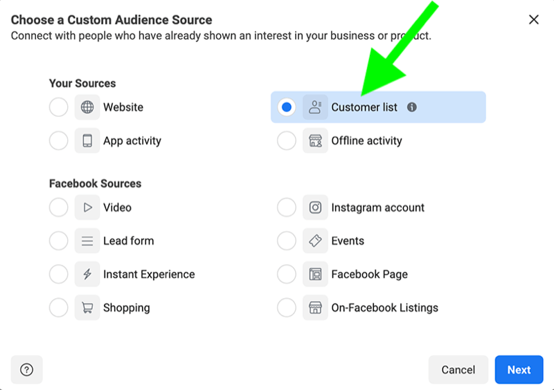 custom target audience - facebook, instagram