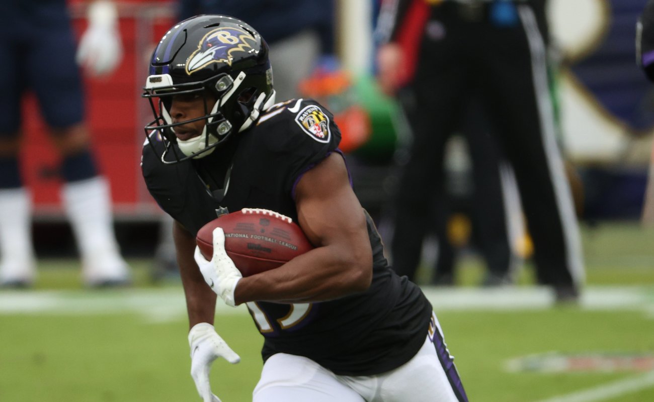 Wide receiver Devin Duvernay of the Baltimore Ravens rushes with the ball. 