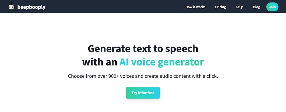 Beepbooply Ai, text to speech voice generator. Homepage scrrenshot