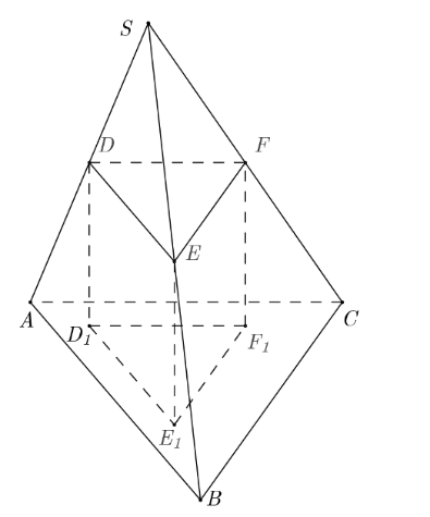 <p>Cho hình chóp (S.ABC). Mặt phẳng (left( P right)) song song với đáy cắt các cạnh (SA), (SB), (SC) lần lượt tại (D), (E), (F). Gọi ({D_1}), ({E_1}), ({F_1}) tương ứng là hình chiếu vuông góc của (D), (E), (F) lên mặt phẳng (left( {ABC} right))(tham khảo hình vẽ bên). (V) là thể tích khối chóp (S.ABC). Giá trị lớn nhất của thể tích khối đa diện (DEF{D_1}{E_1}{F_1}) bằng:</p> <!-- wp:image -->
<figure class="wp-block-image"><img src="https://lh4.googleusercontent.com/N5tRsqxMXYChxVQUsBLxtzbsT0UNauFecF8blUJ2keLv_m-MkitBLSmhEczztOxiwwucEf7TUsjDc_y_5-ds50cKIqU3pmRJDEG3hf8bY30-tRkudfVzPO_aDgqfbG5jPjEmaQQ=s0" alt=""/></figure>
<!-- /wp:image --> 2