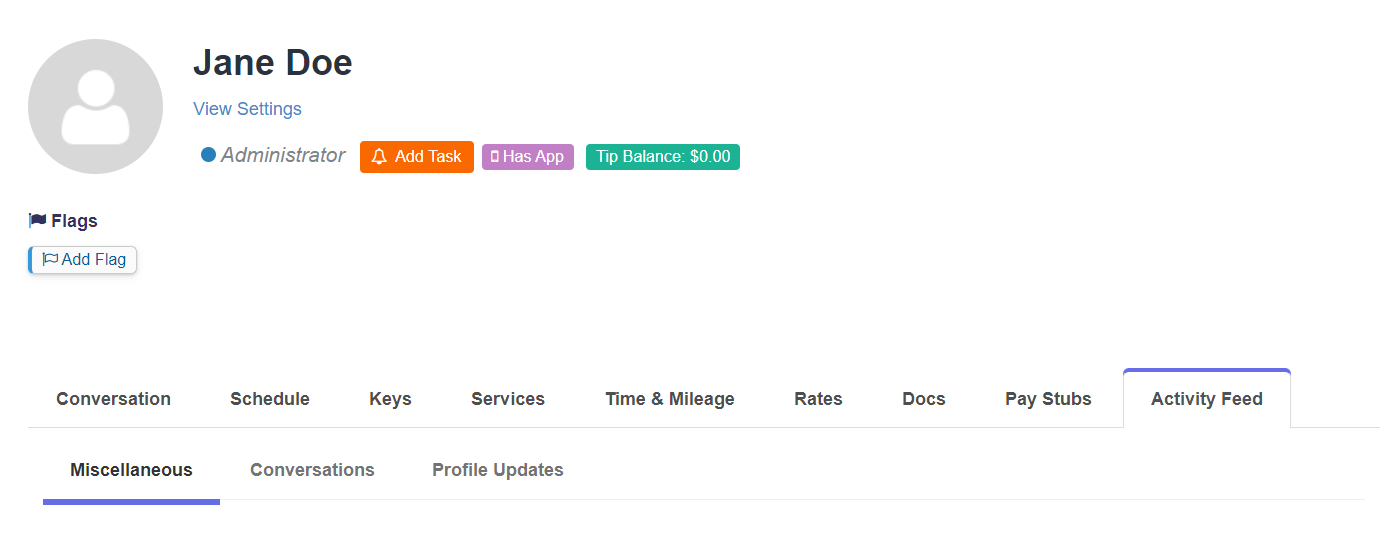 screenshot of staff's profile page with the activity feed tab selected