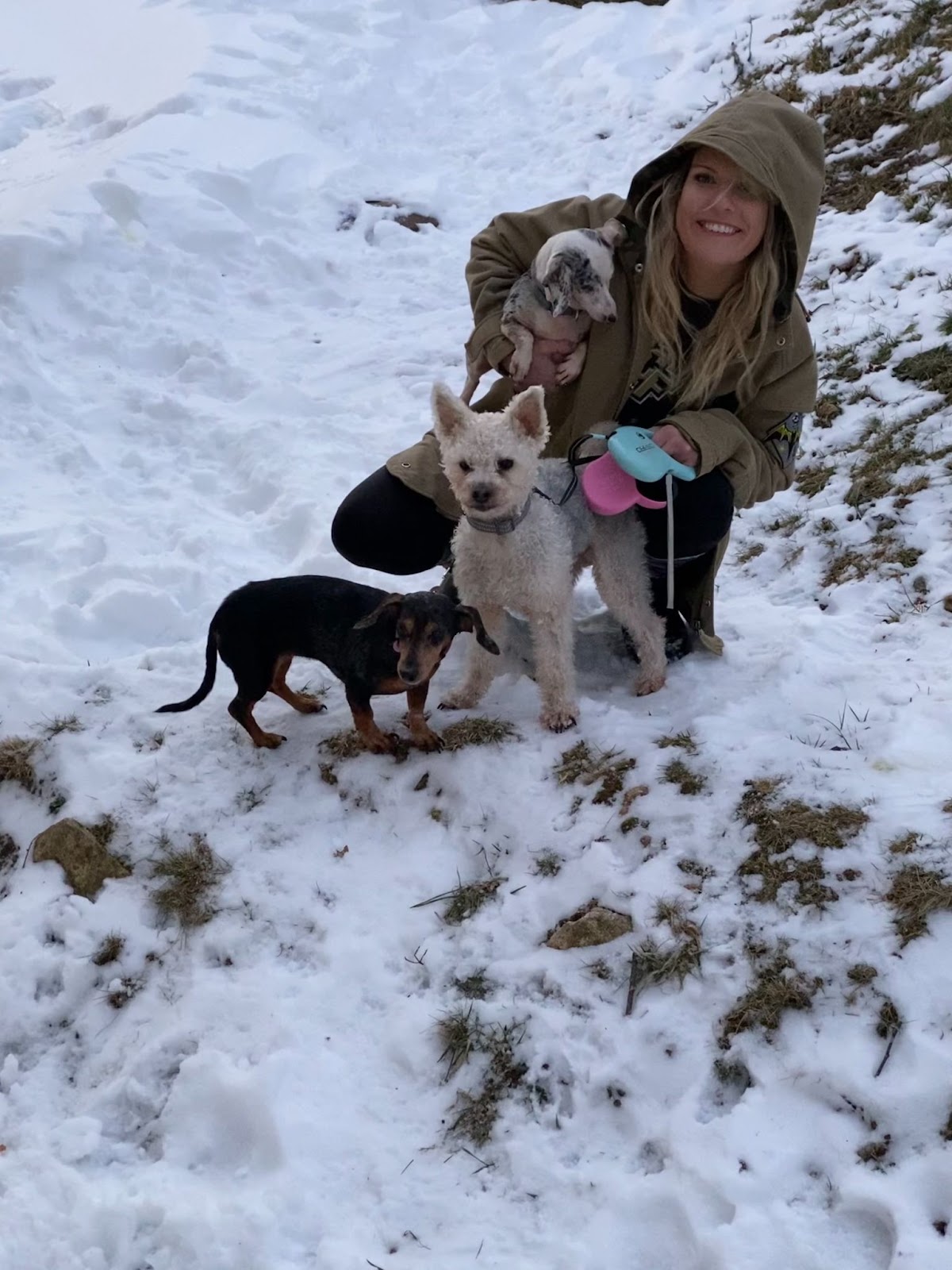 Kylie and her 3 dogs in the snow.