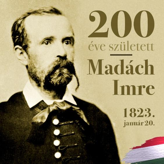 May be an image of 1 person and text that says '200 éve született Madách Imre 1823. január 20.'