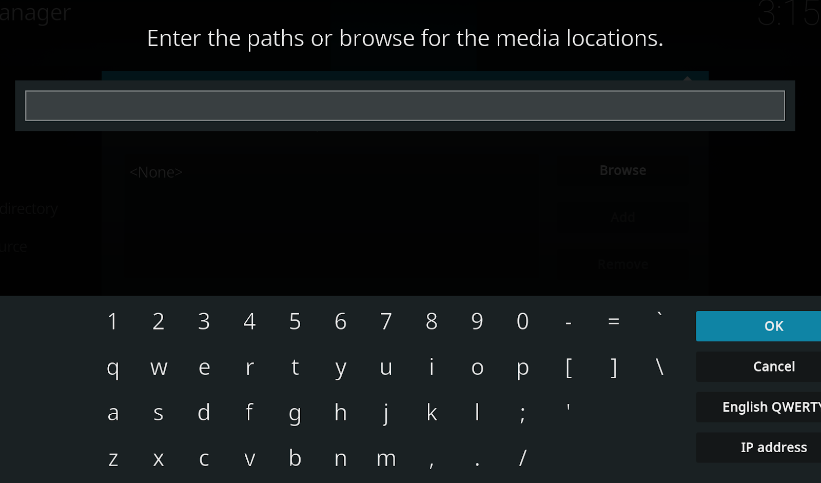 Kodi search bar with onscreen keyboard on a black background