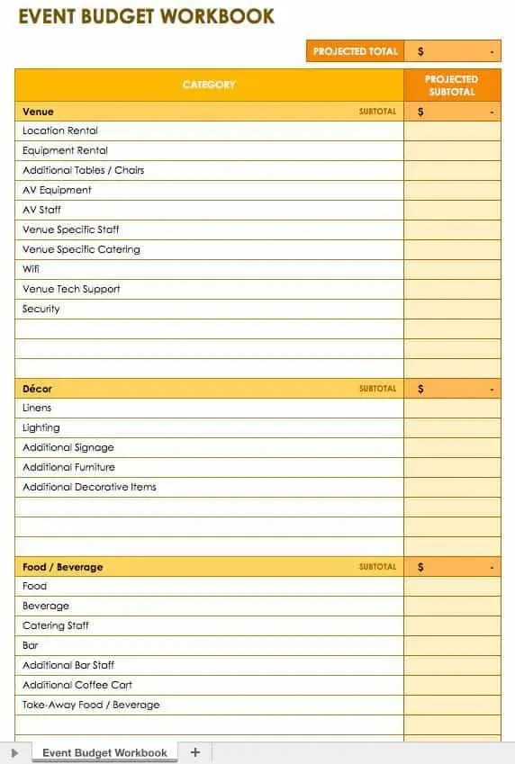 SmartSheet spreadsheet for event budget