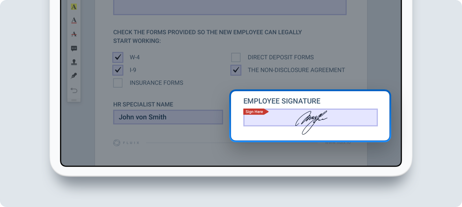 A mobile form with an e-signature field