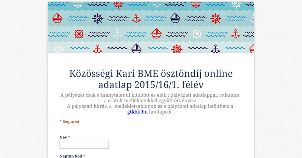 Közösségi Kari BME ösztöndíj online adatlap 2015/16/1. félév