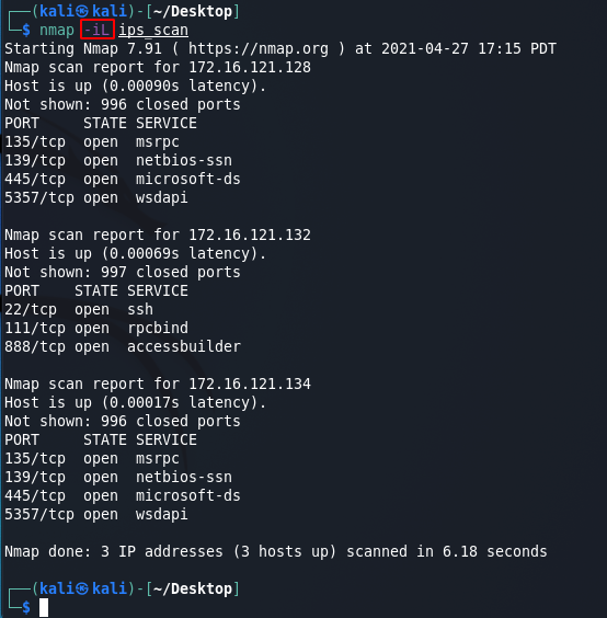 Nmap commands - scan input file IPs. Source: nudesystems.com 