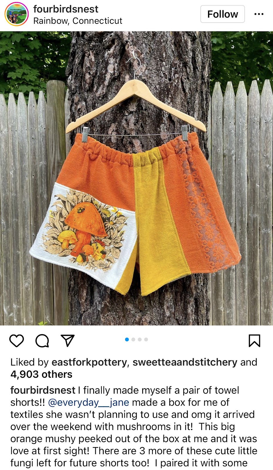 A pair of color blocked shorts made from vintage linens.  The left side is made from terry cloth in orange and a woven Mushroom dish towel; the right size is vertical strips of gold and orange towels.