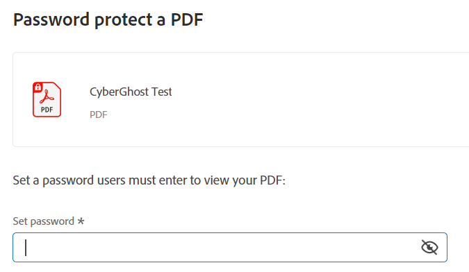 Screenshot of setting password for PDF on Adobe online