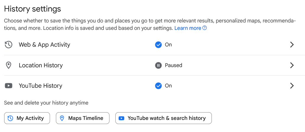 "History settings" section in Google Maps