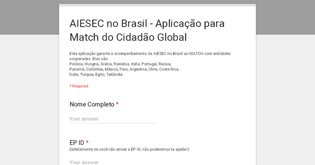 AIESEC no Brasil - Aplicação para Match do Cidadão Global