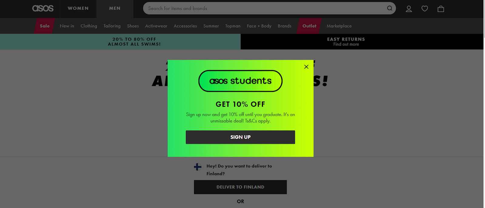 Exit intent popup that brand called Asos uses