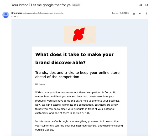 Screenshot of an email sent to newsletter subscribers, with the subject line "Your brand? Let me google that for ya" and the headline "What does it take to make your brand discoverable?" Shoplazza uses newsletters as part of our direct marketing strategy.