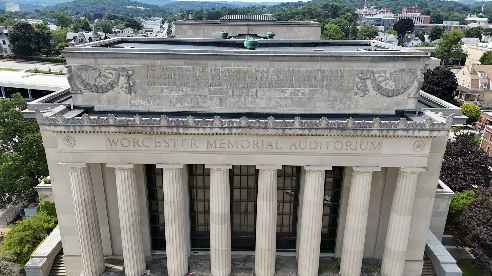 Aerial drone media of the exterior of the Worcester Memorial Auditorium
