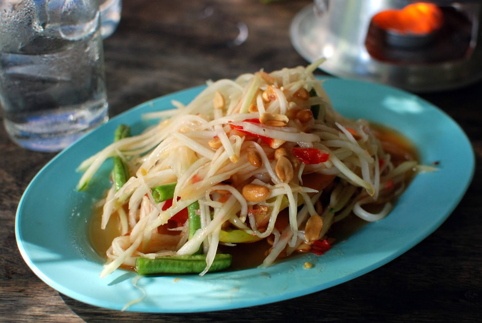 Som Tam, green papaya salad, combination of five tastes, sweet, sour, salty, savory, spicy