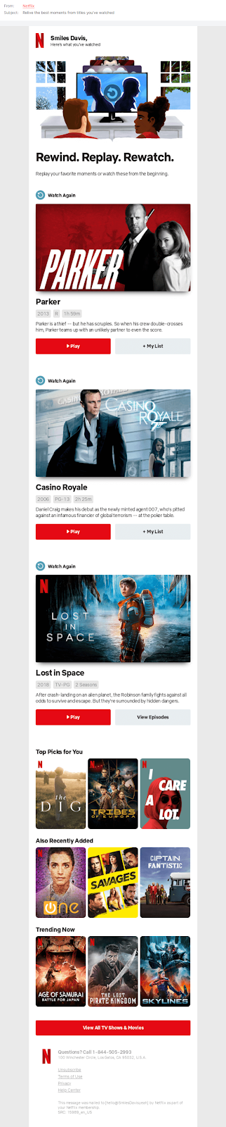 Netflix hyper-personalized email to a subscriber with watch history and show recommendations