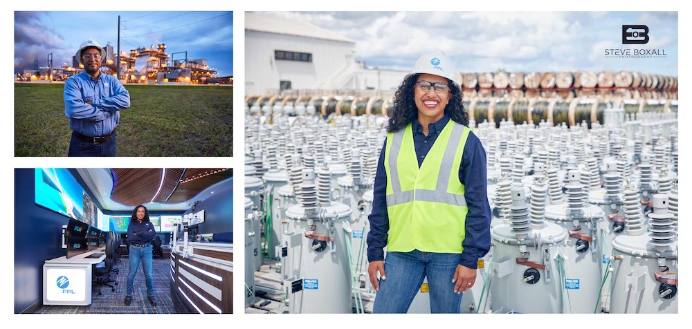 A collage of images we used in one of the emailers for Steve's Marketing Partner that showcases his work for FPL. The three images show employees in different scenarios - in an office, outside a power plant, and in a power plant.