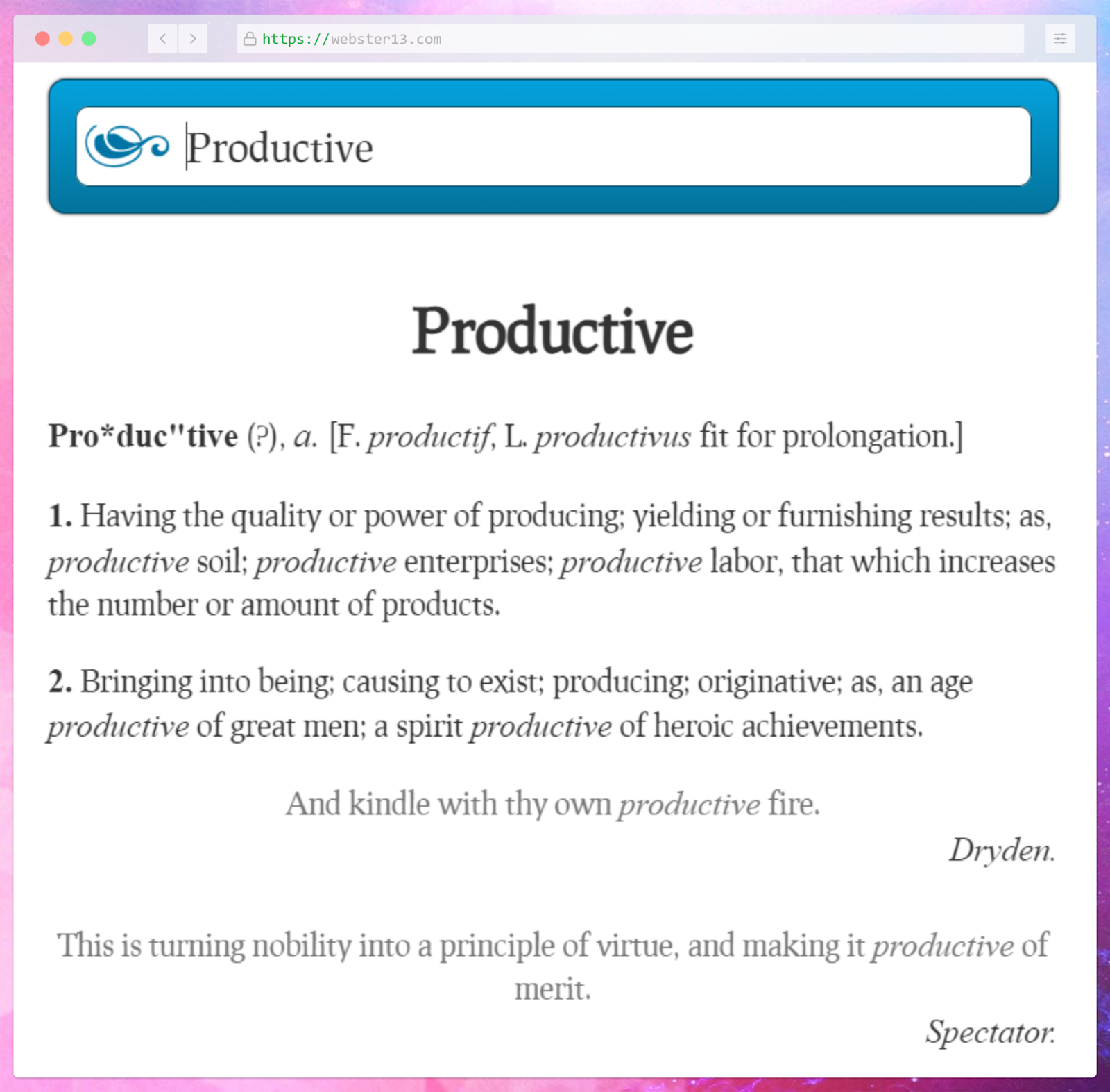 screenshot of productive dictionary definition 